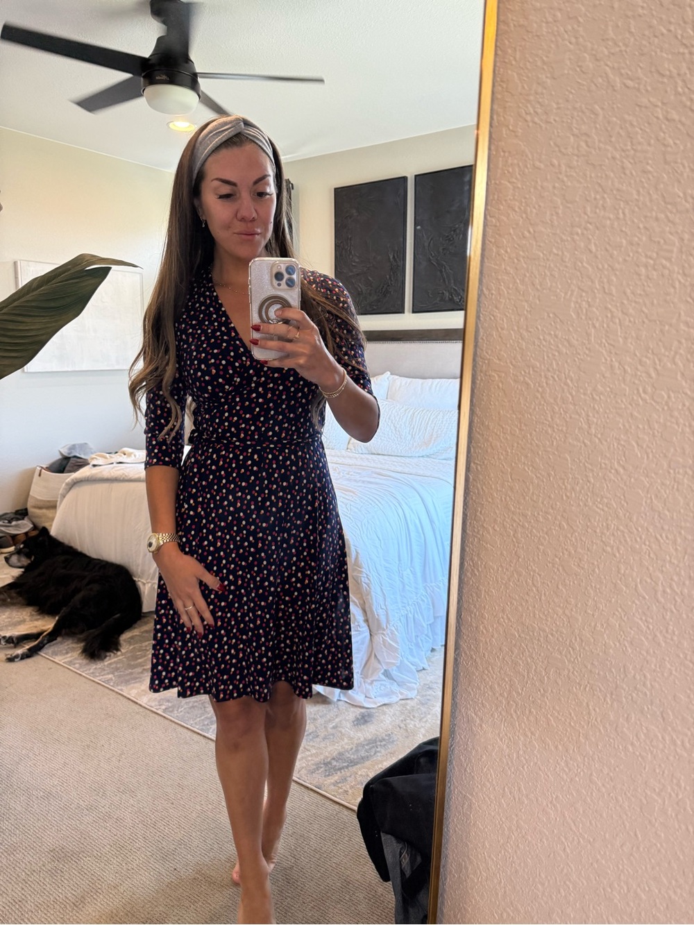 Leota Navy Polka Dot Wrap-Style Midi Dress
